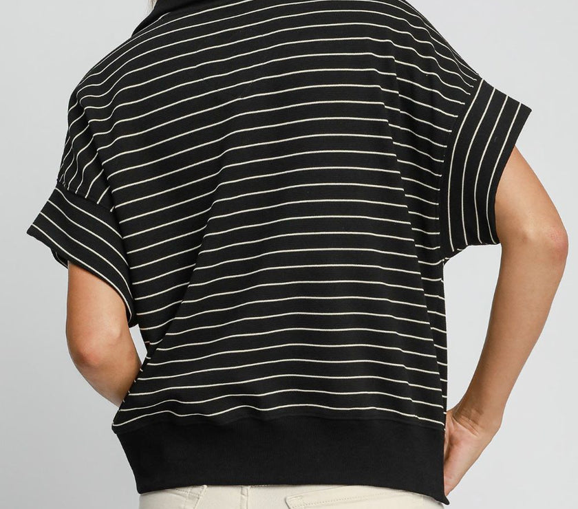 Umgee Striped Half Zip Short Sleeve Sweatshirt