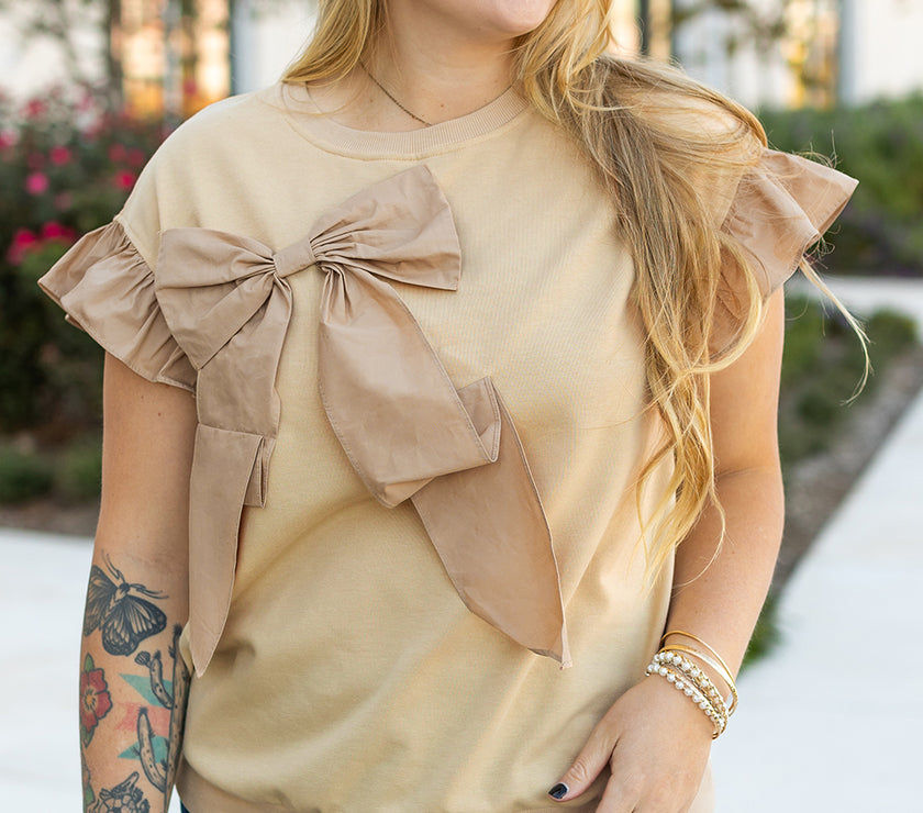 Parchment Ruffled Short Sleeve Bowknot Applique Crew Neck Plus Size Top