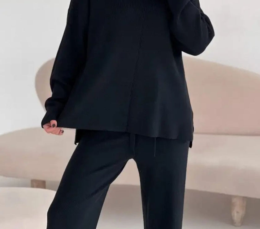 Slit Mock Neck Top and Pants Sweater Set