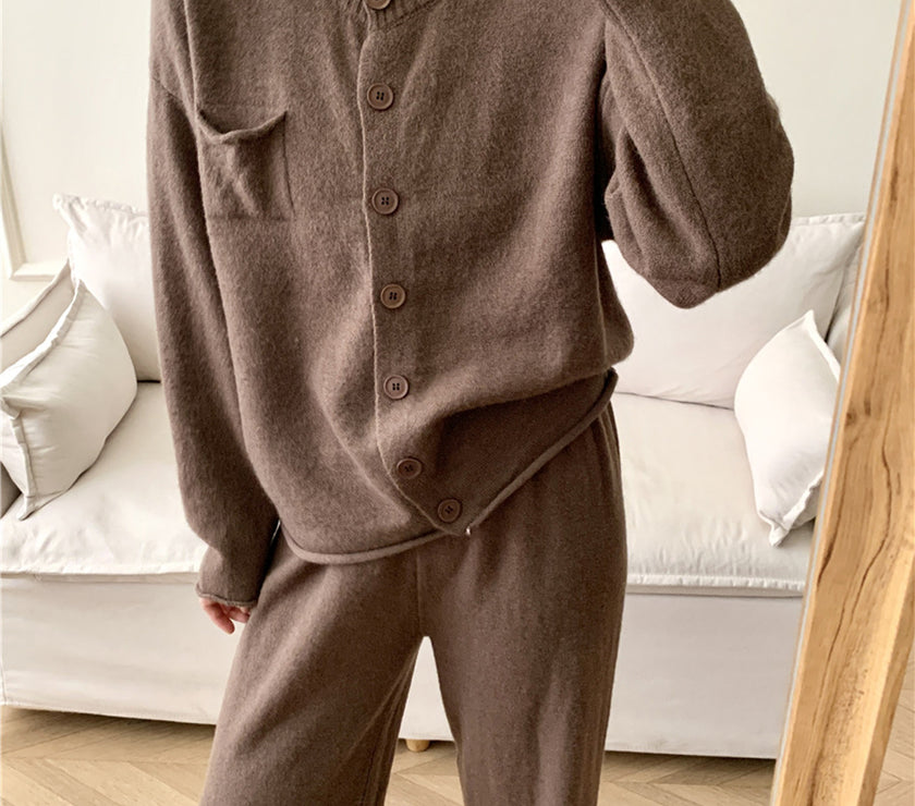 Pocketed Round Neck Button Up Cardigan and Pants Sweater Set