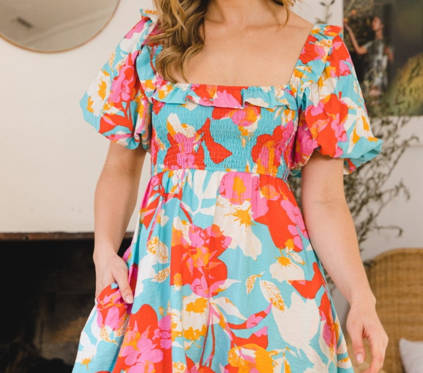 ODDI Printed Smocked Puff Sleeve Mini Dress