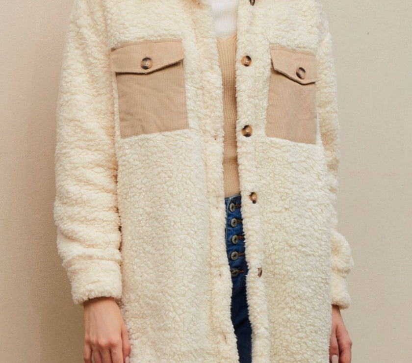 Collared Neck Long Sleeve Longline Teddy Jacket