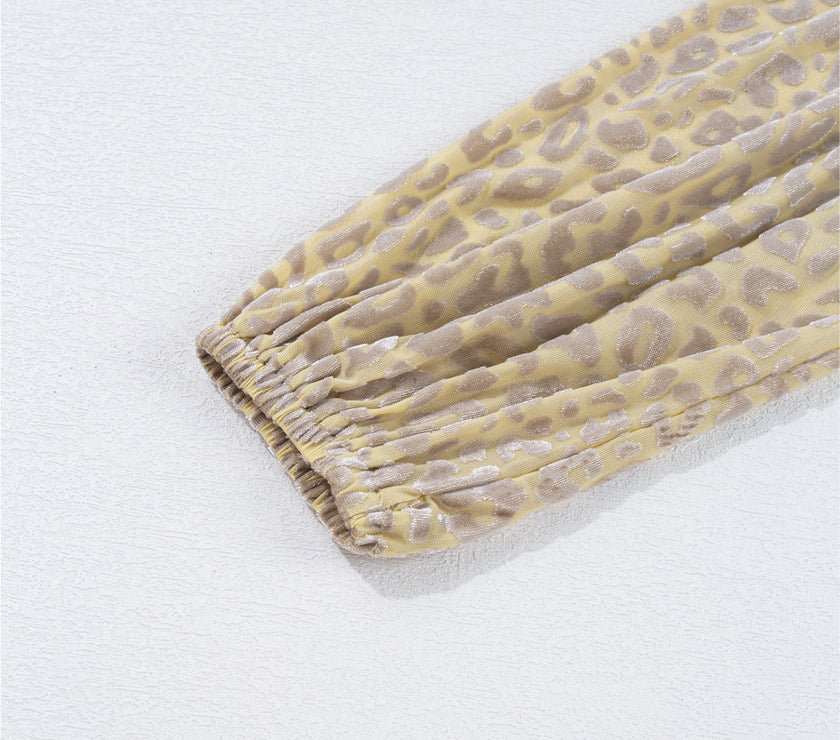 Beige Leopard Velvet Burnout Off Shoulder Long Sleeve Blouse