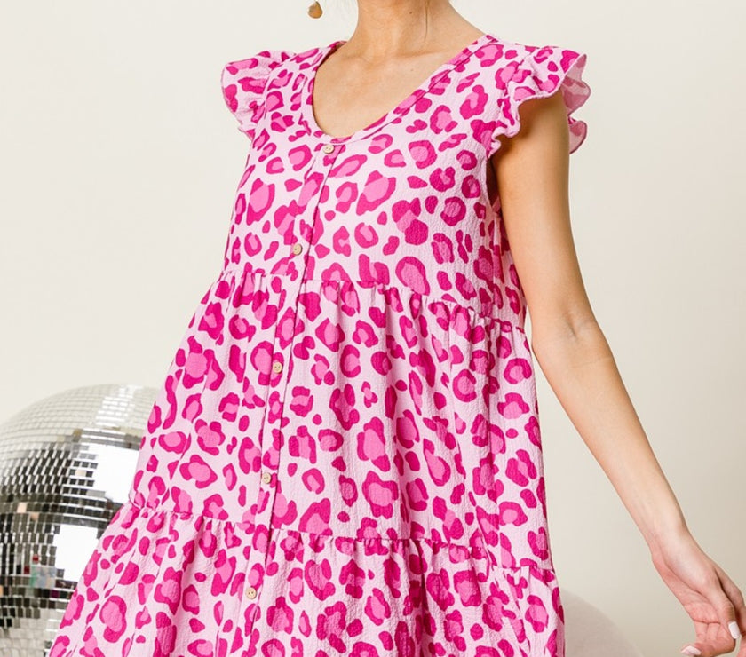BiBi Leopard Cap Sleeve Tiered Mini Dress
