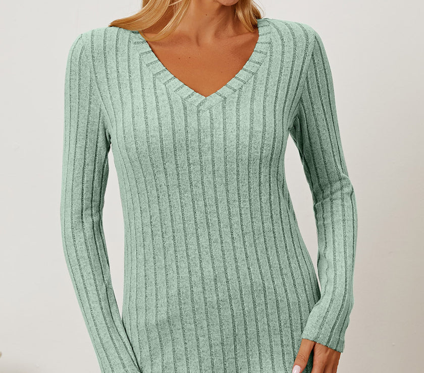 Basic Bae Full Size Ribbed V-Neck Long Sleeve T-Shirt