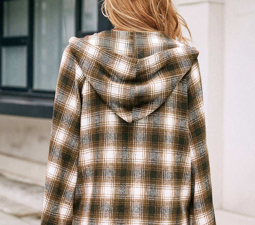 Ivy Lane Pocketed Plaid Long Sleeve Hooded Jacket