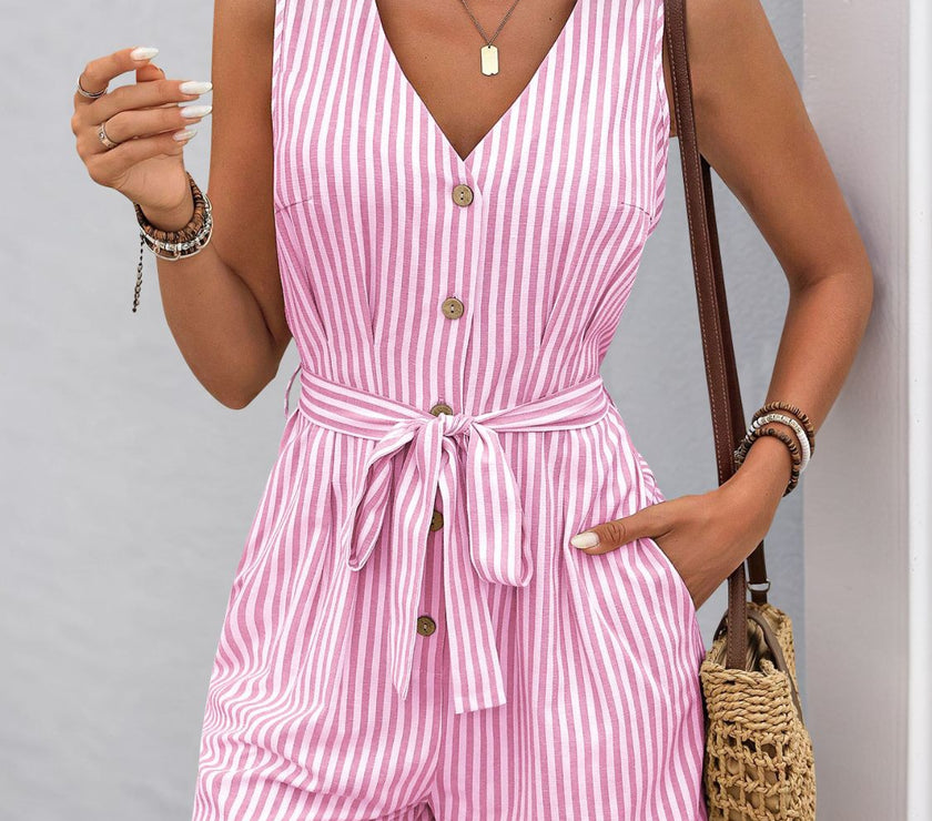Perfee Striped V-Neck Tie Waist Romper