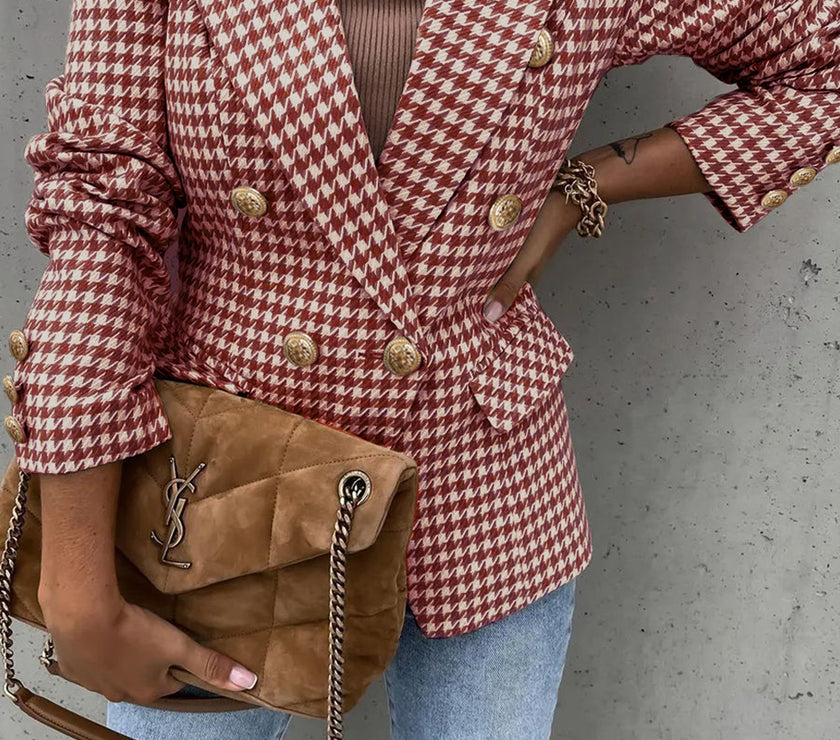 Houndstooth Collared Neck Double-Breasted Blazer