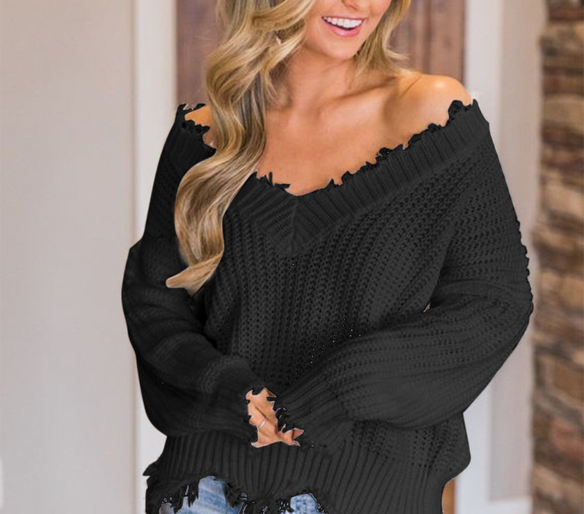 Frayed Hem Dropped Shoulder Sweater