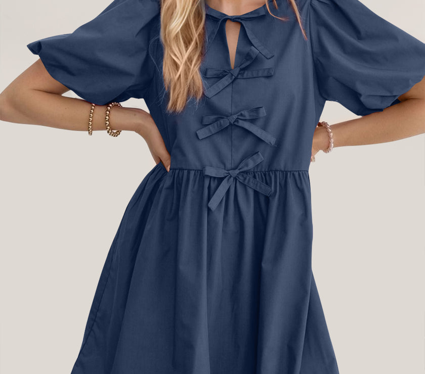Oh Bow Ruched Puff Sleeve Mini Dress