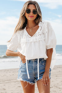 White Embroidered Lace Patchwork Tie Neck Puff Short Sleeve Blouse
