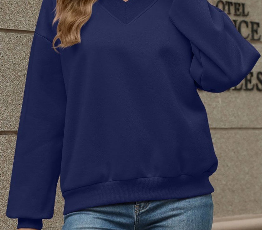 V-Neck Long Sleeve Dropped Shoulder Sweatshirt