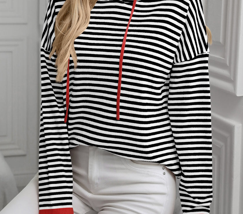 Mandy Striped Long Sleeve Hooded Knit Top