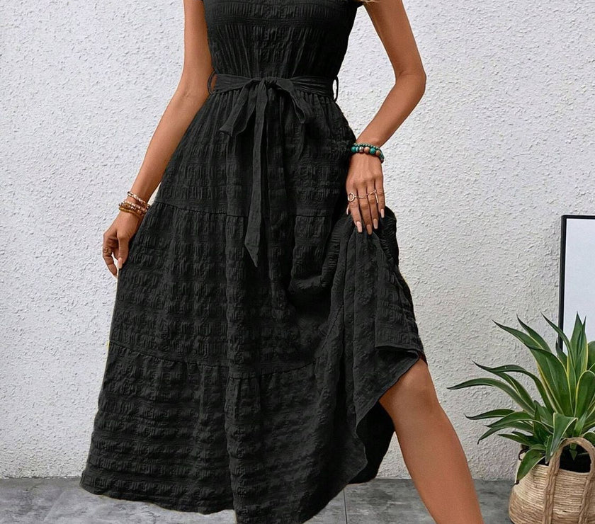 Tied Ruffled Cap Sleeve Midi Dress
