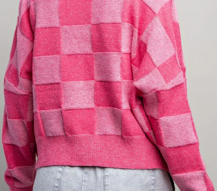 Checkered V-Neck Long Sleeve Cardigan