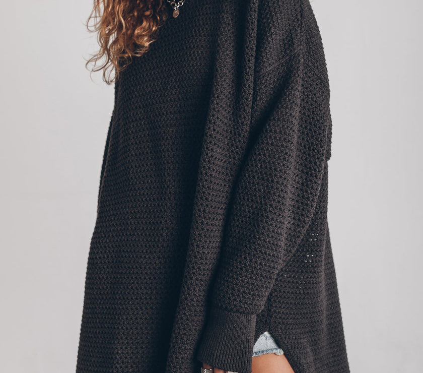 Openwork Round Neck Long Sleeve Slit Sweater