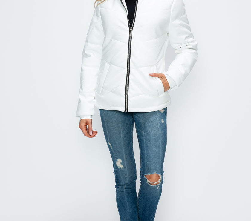 How Dare U Pocketed Zip Up Puffer Jacket with Removable Hood