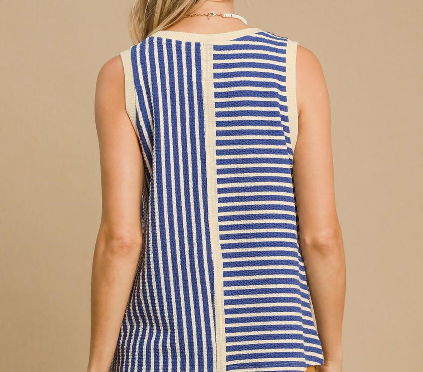 Umgee Round Neck Texture Striped Tank