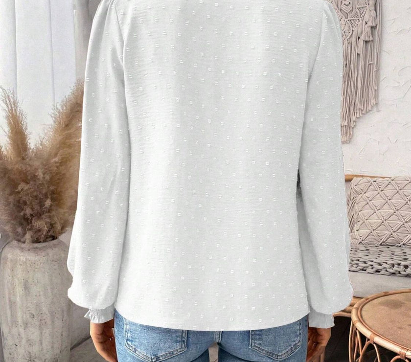 Swiss Dot Lace Detail Notched Long Sleeve Blouse