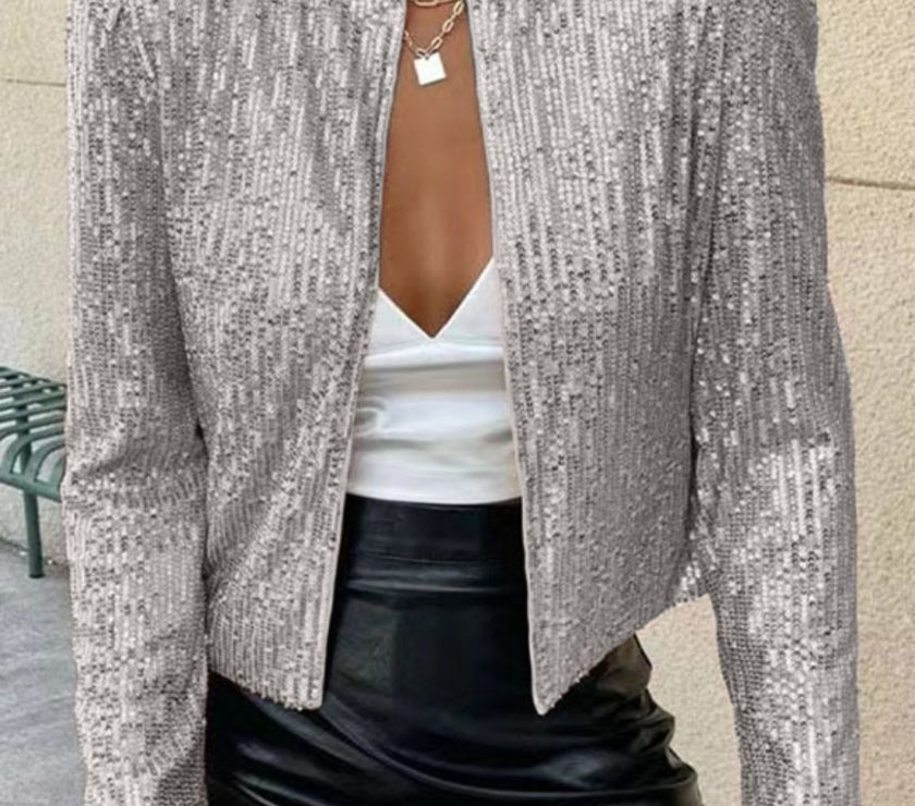Full Size Sequin Open Front Cropped Jacket