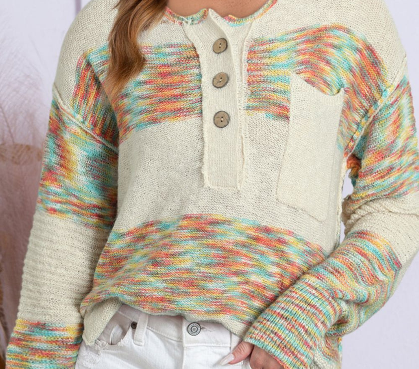 Contrast Half Button Long Sleeve Sweater