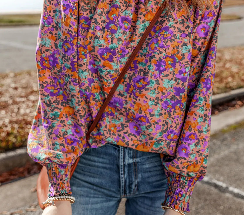 Floral Round Neck Long Sleeve Blouse