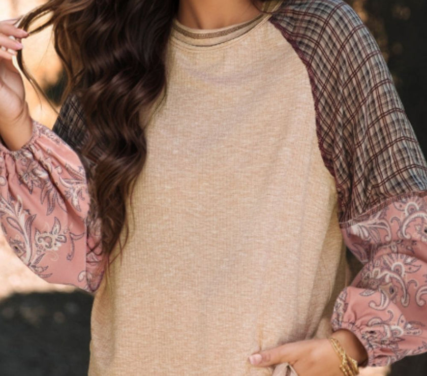 Plaid Floral Patchwork Round Neck Long Sleeve Top