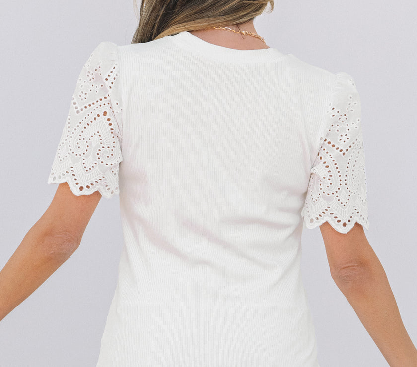 White Eyelet Pattern Short Sleeve Patchwork Ribbed Top