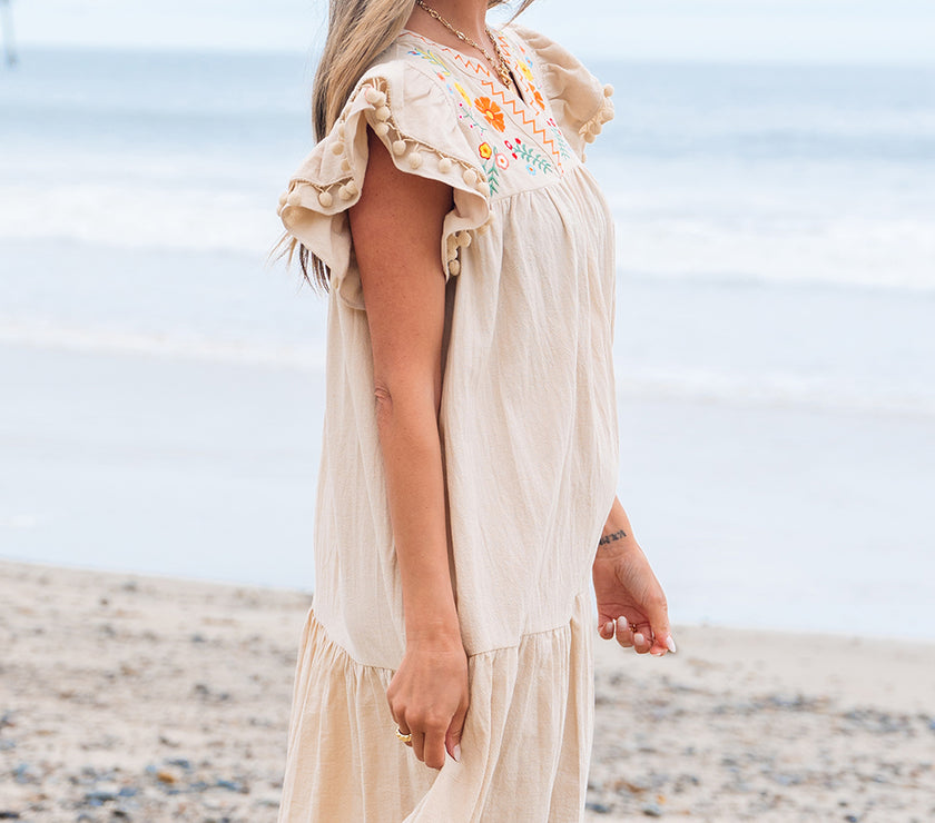 Jet Stream Linen Embroidery Split Neck Pom Pom Ruffle Sleeves Flowy Short Dress