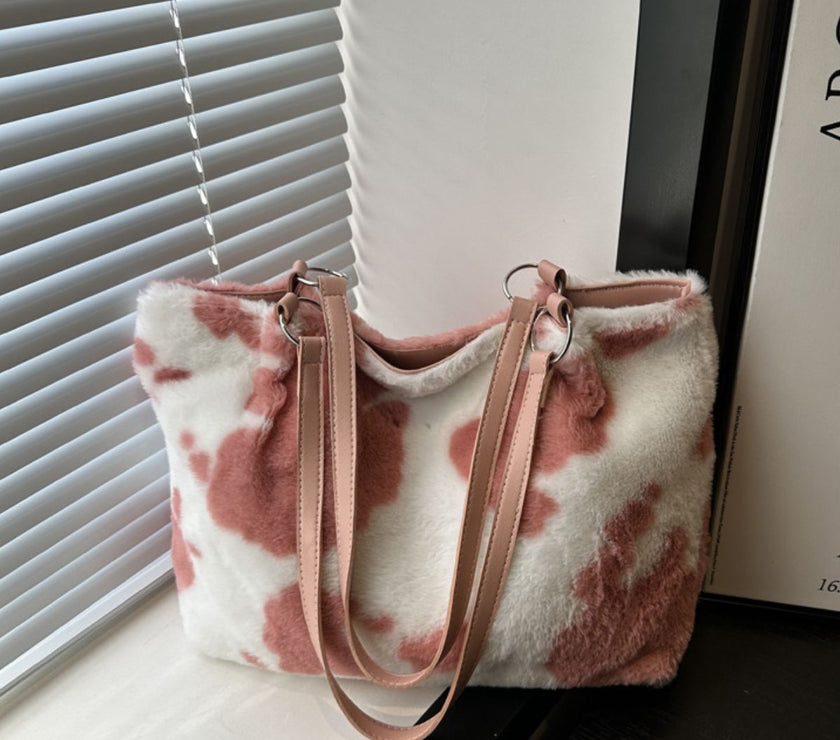 Cow Print Furry Tote Bag