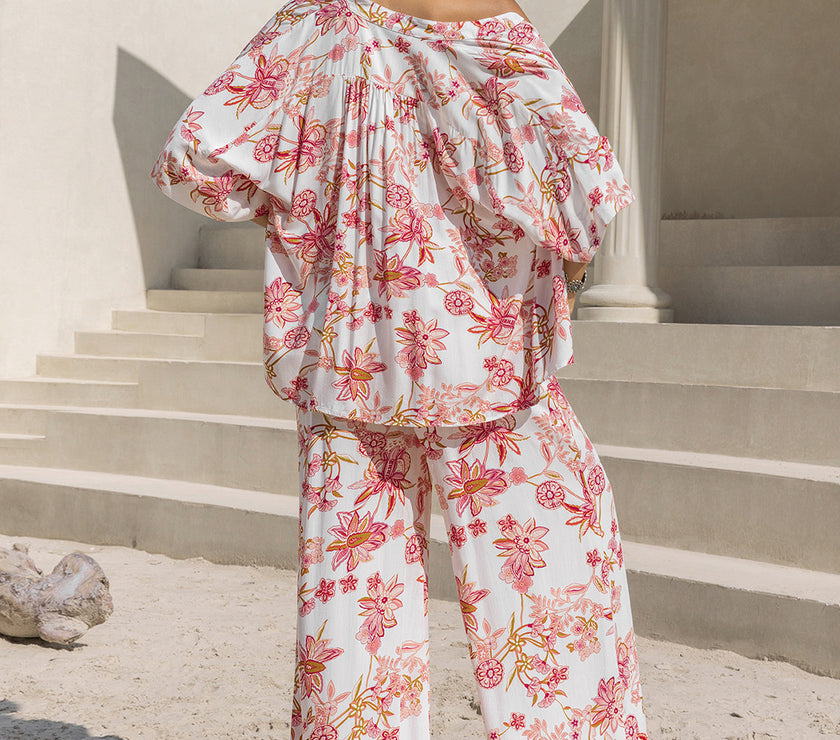 Printed Open Front Half Sleeve Top and Pants Set