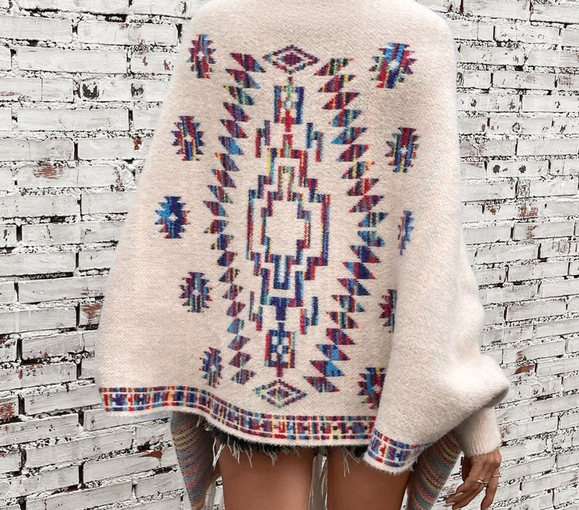 Fringe Geometric Open Front Long Sleeve Cape