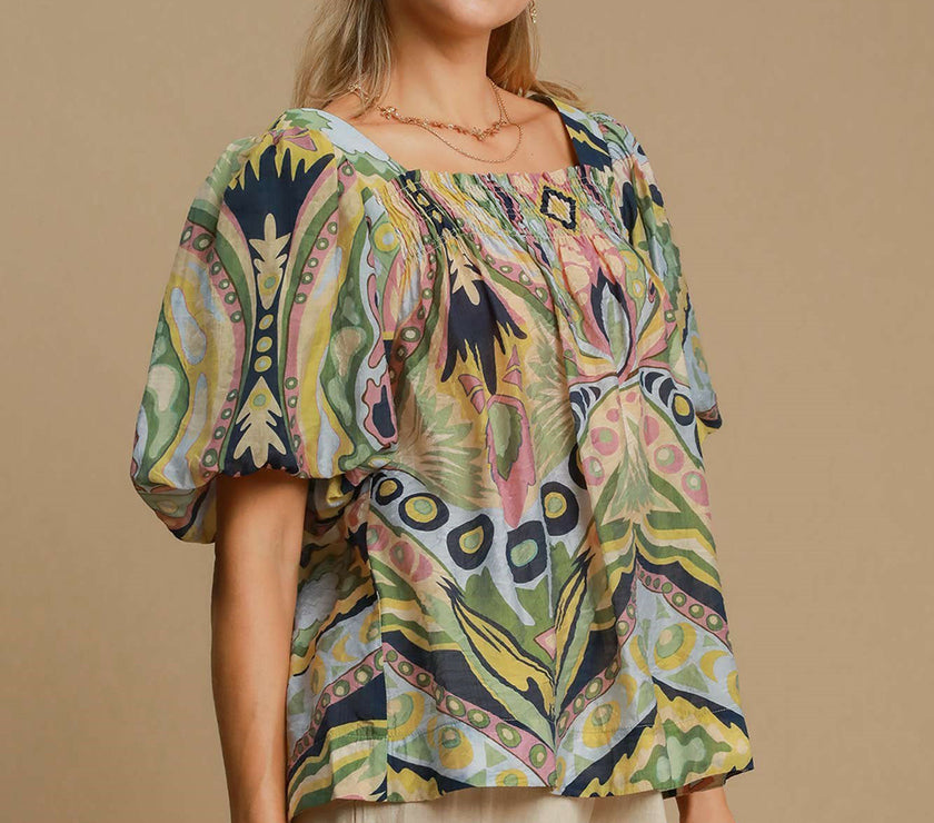 Umgee Full Size Abstract Print Smocked Square Neck Puff Sleeve Blouse