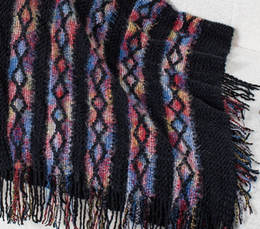 Fringe Contrast Hooded Poncho