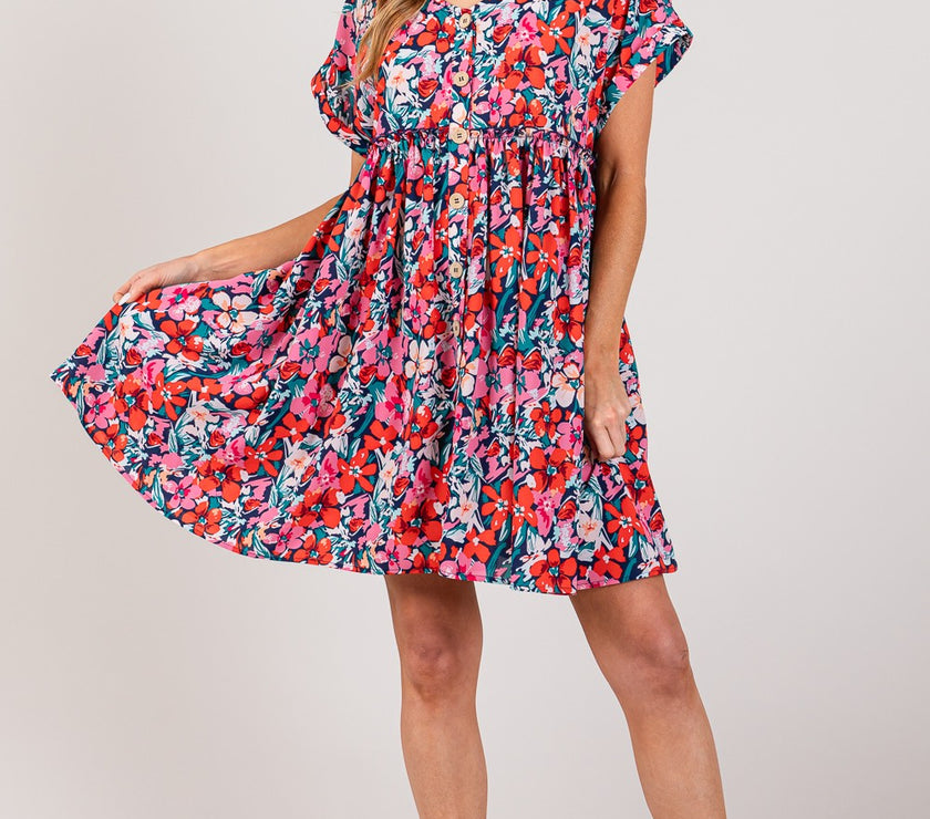 SAGE + FIG Floral Button Down Short Sleeve Mini Dress