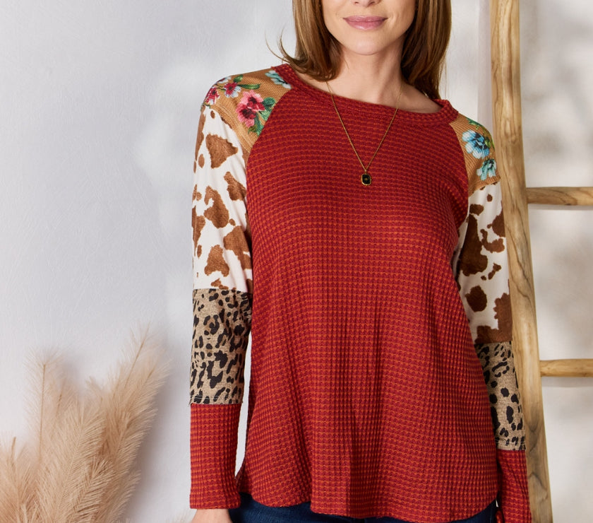 Hailey & Co Full Size Leopard Waffle-Knit Blouse