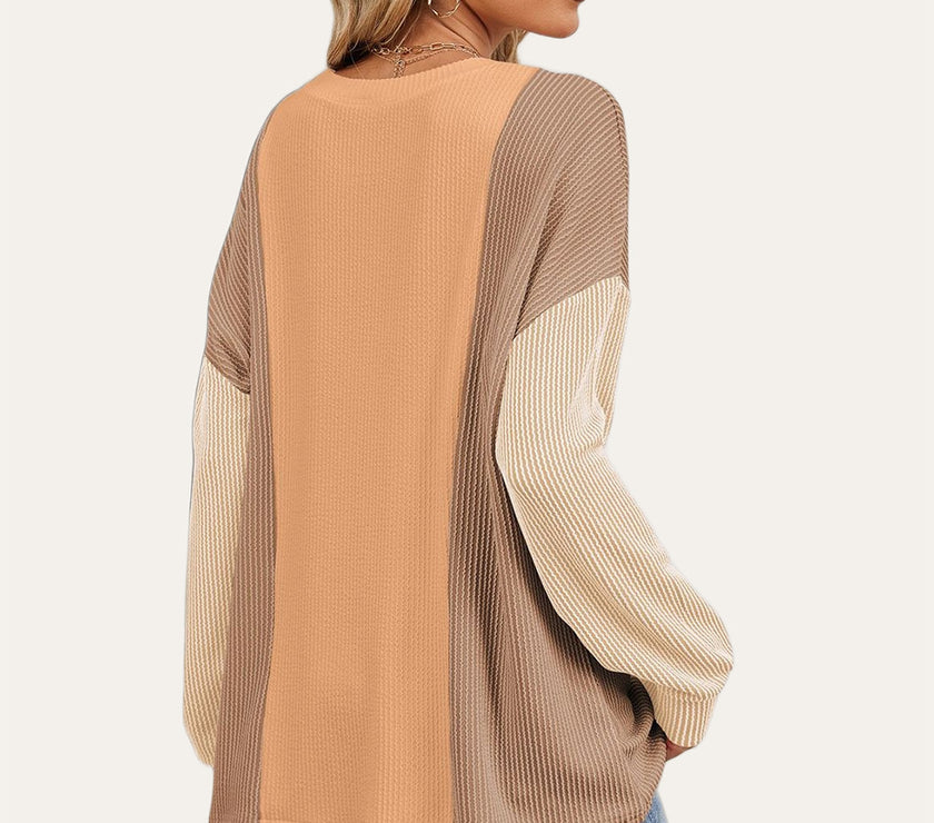 Double Take Texture Contrast Round Neck Long Sleeve T-Shirt