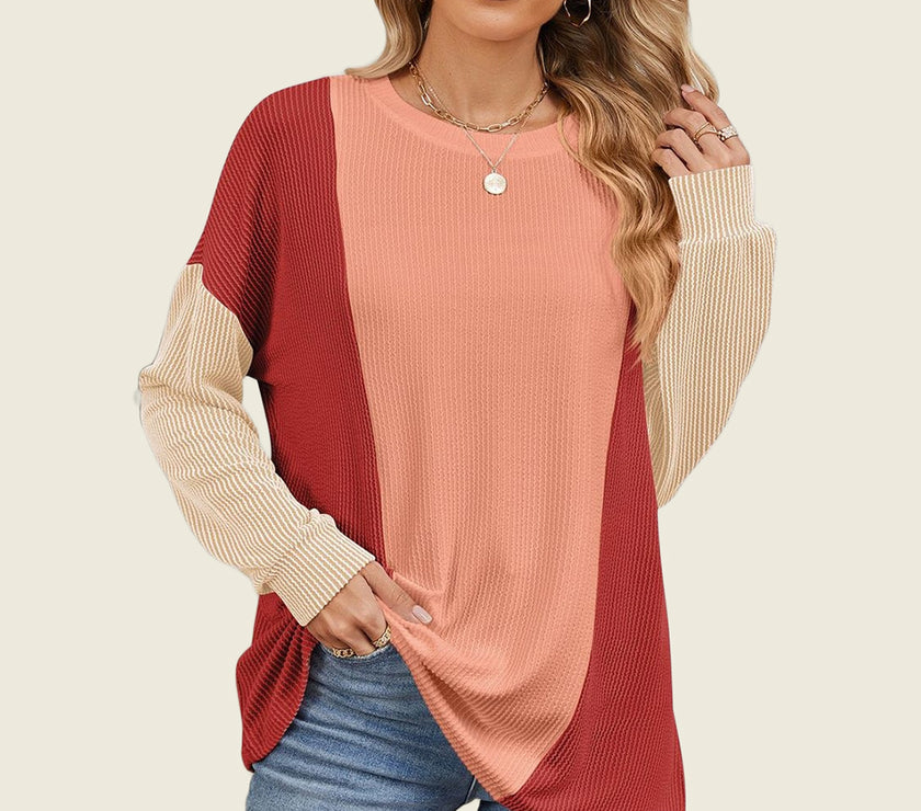 Double Take Texture Contrast Round Neck Long Sleeve T-Shirt