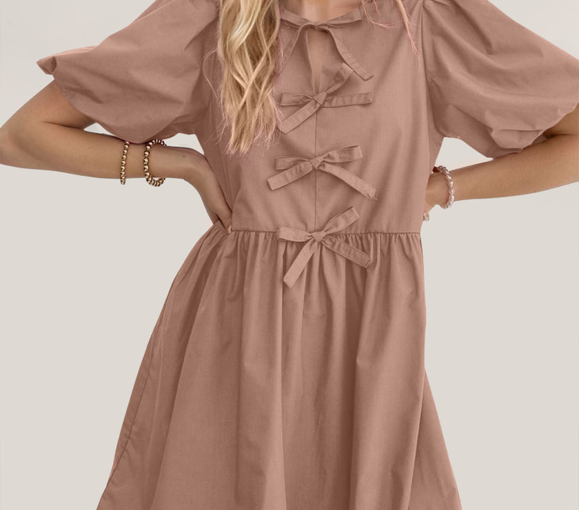 Oh Bow Ruched Puff Sleeve Mini Dress