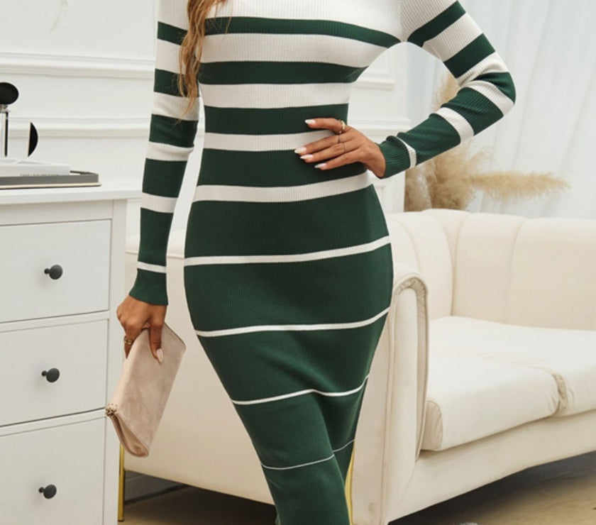 Devine Color Block Round Neck Long Sleeve Midi Dress