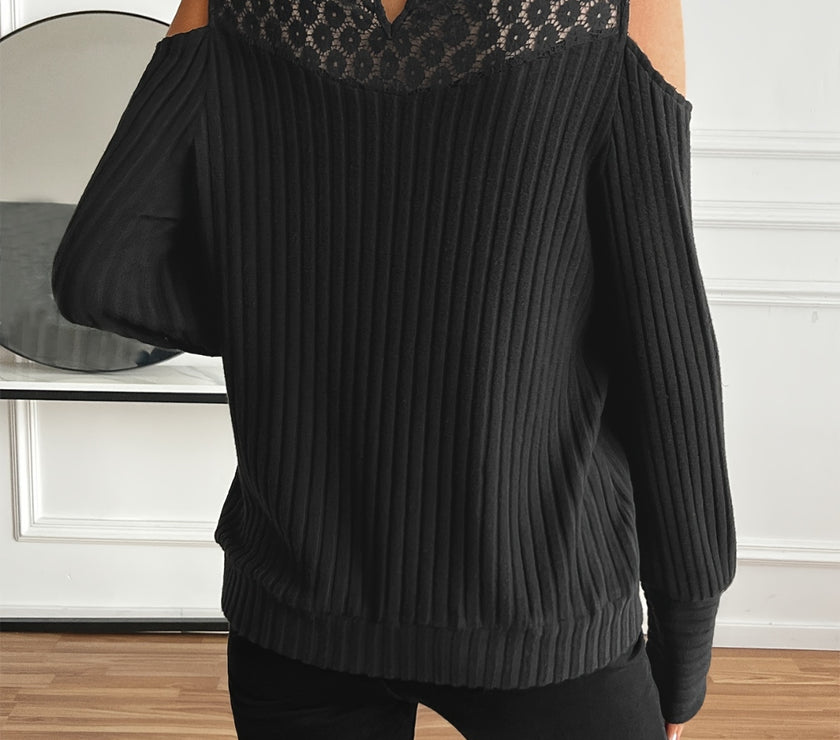 Lace Detail Mock Neck Cold Shoulder T-Shirt