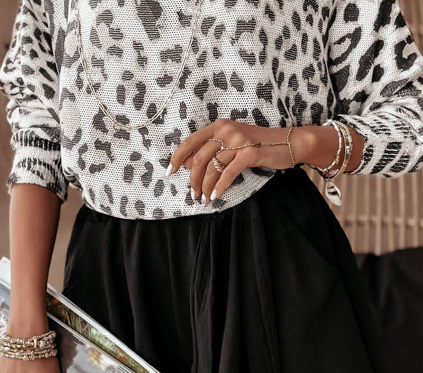 Leopard Boat Neck Long Sleeve Knit Top