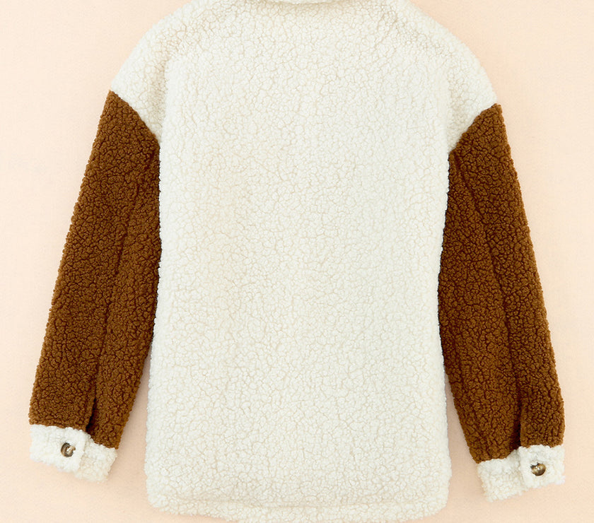 Color Block Collared Neck Sherpa Jacket