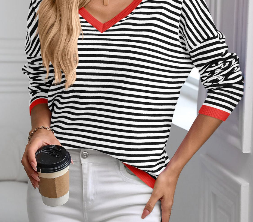 Contrast Trim Striped V-Neck Long Sleeve Knit Top