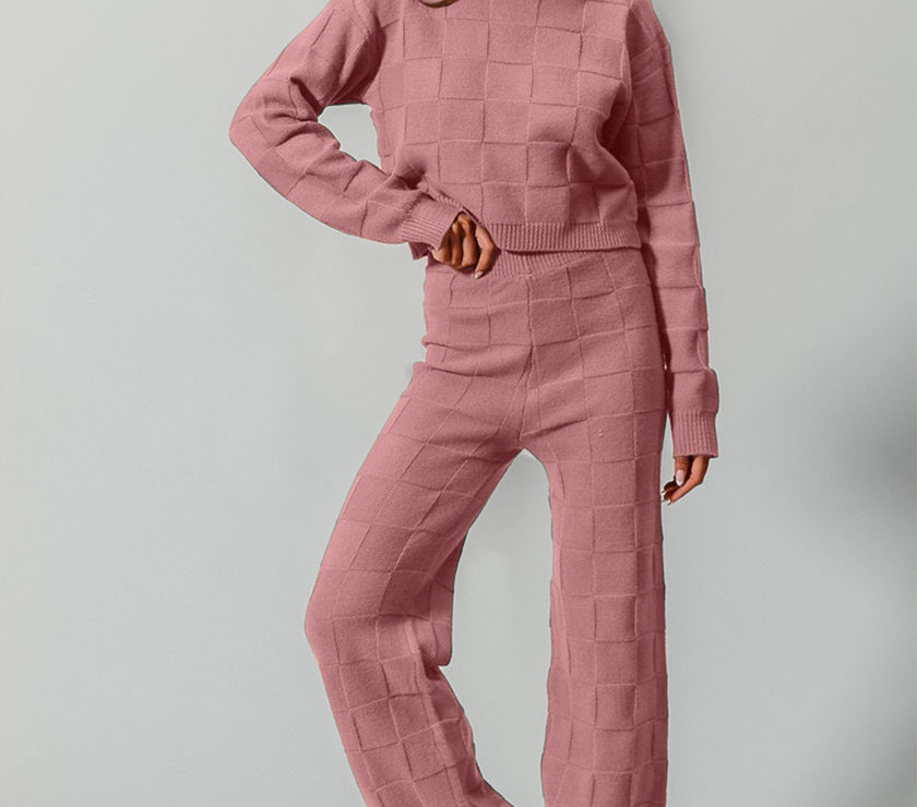 Double Take Full Size Checkered Round Neck Top and Pants Set