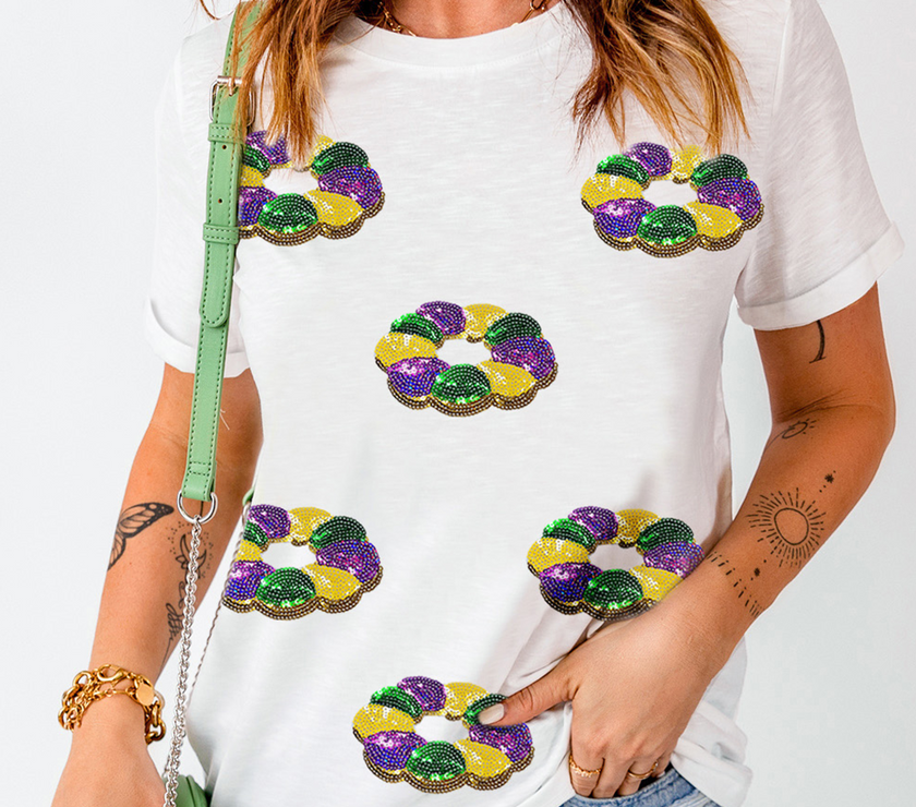 White Sequined Mardi Gras Pattern Crew Neck Short Sleeve Top