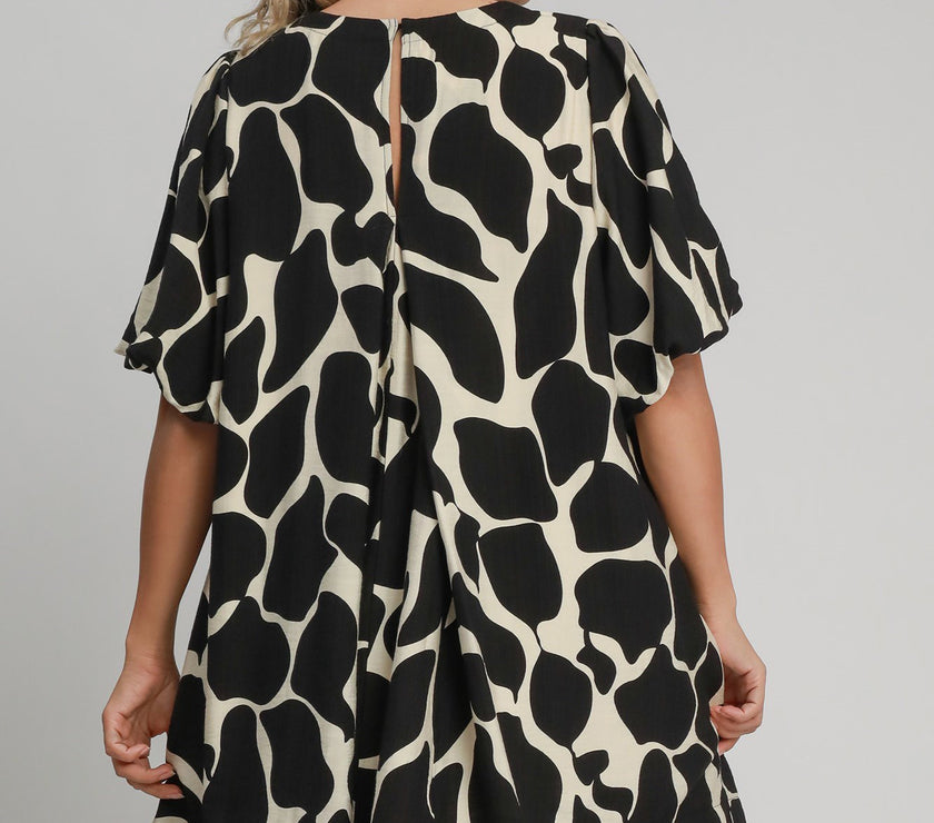 Umgee Full Size Two Tone Abstract Print Puff Sleeve Dress Plus Size