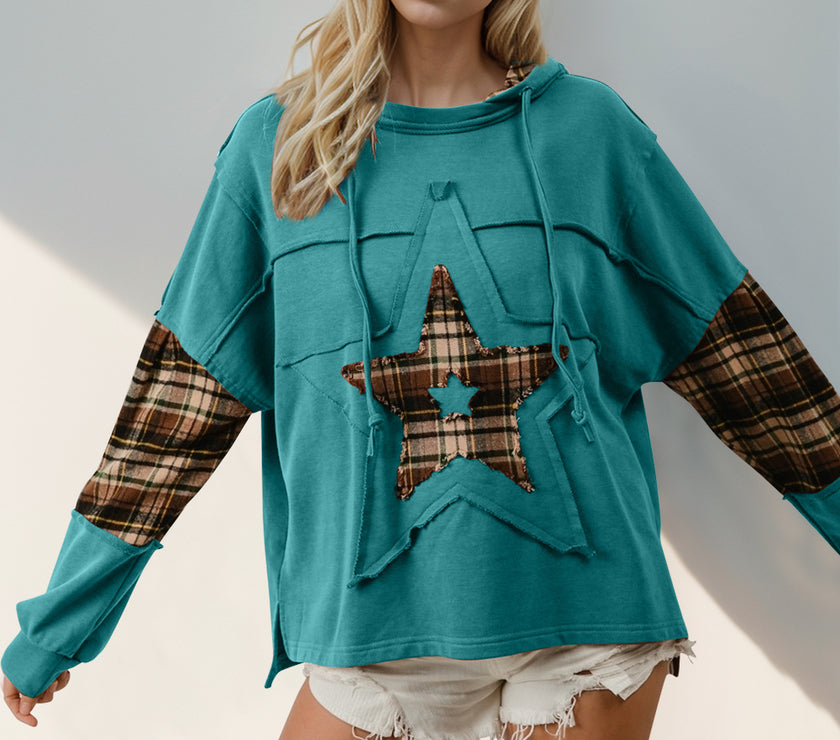 Double Take Drawstring Plaid Star Patch Long Sleeve Hoodie