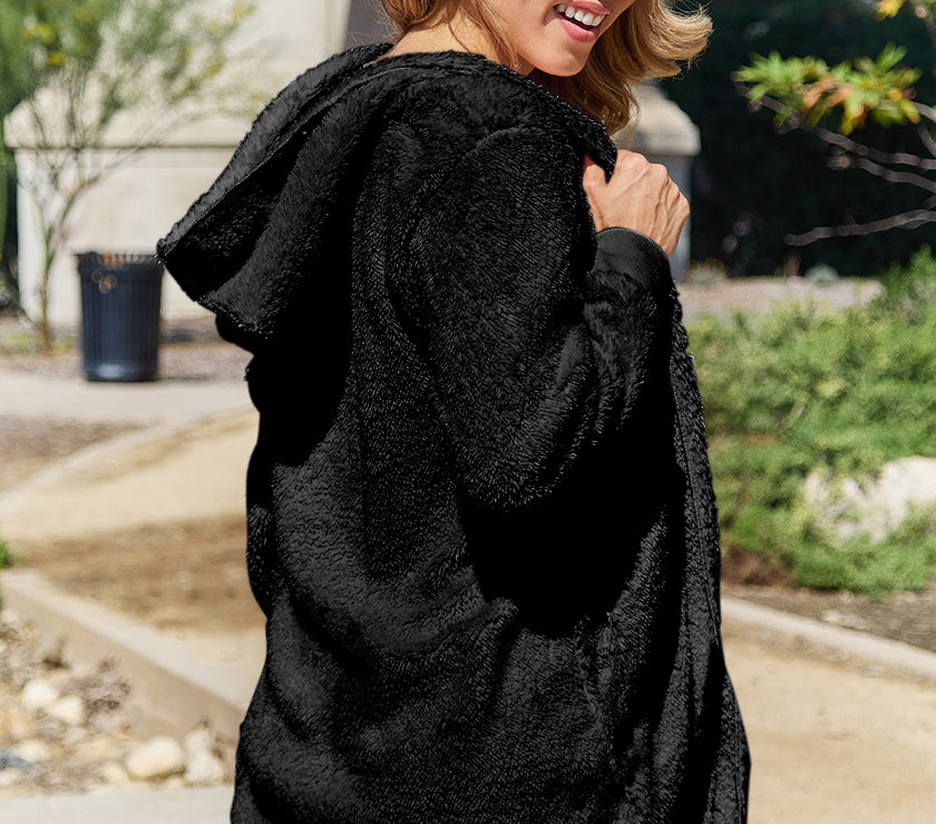 Double Take Full Size Hooded Teddy Bear Jacket with Thumbholes