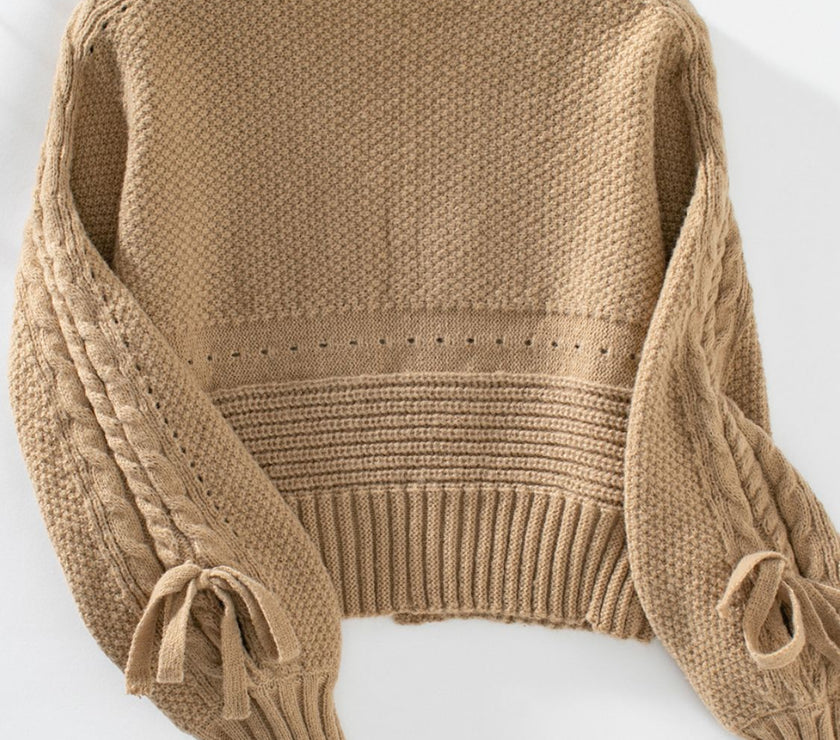 Cable-Knit Tied Open Front Lantern Sleeve Cardigan